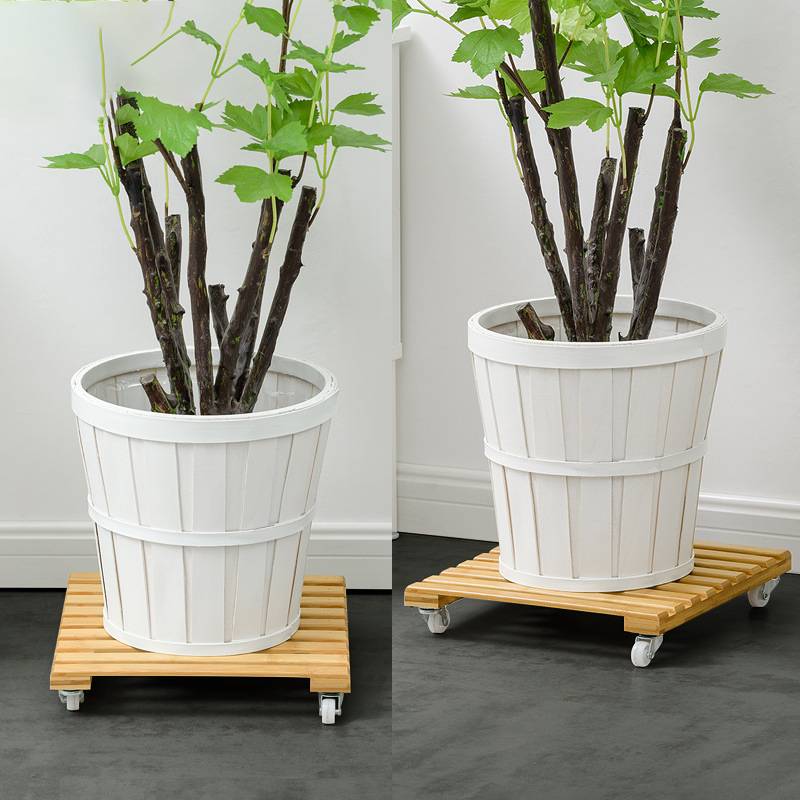 Bamboe plantenstandaard met wielen, verplaatsbare bloempotverplaatser, rol voor op het terras, zware plantenbak met wielen, rolplateau