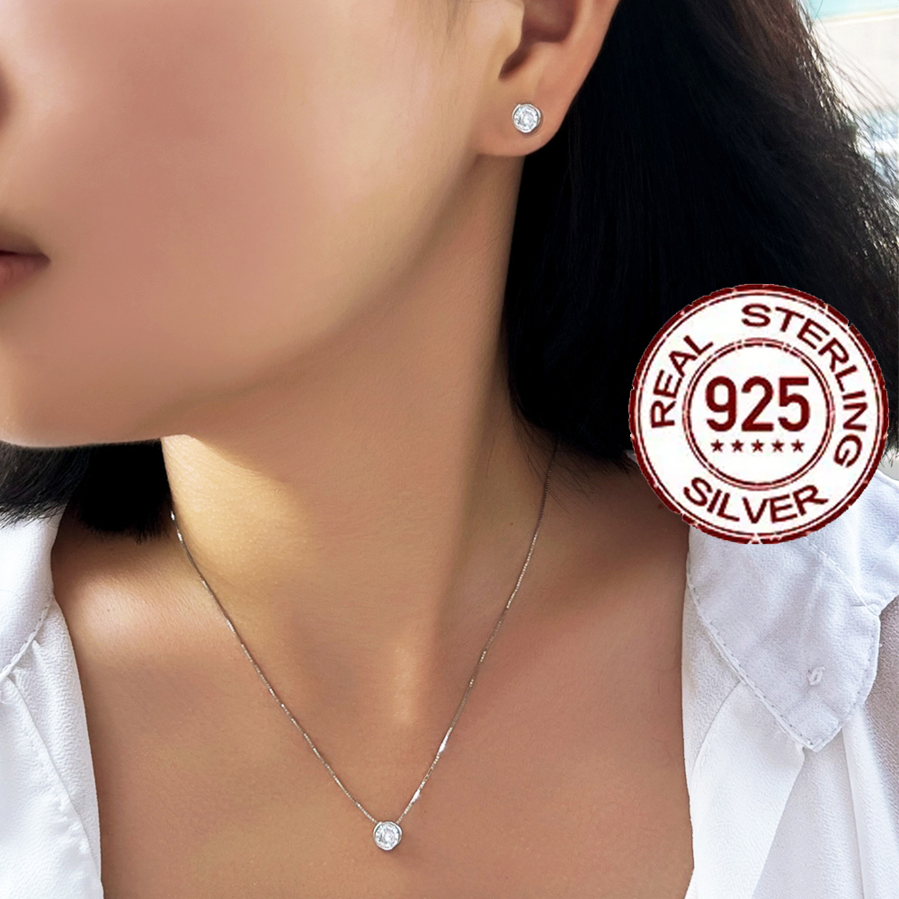 CWWZircons, conjunto de joyería de plata de ley 925 auténtica, circonita cúbica redonda brillante, collar Simple, pendientes para mujer, boda ST001