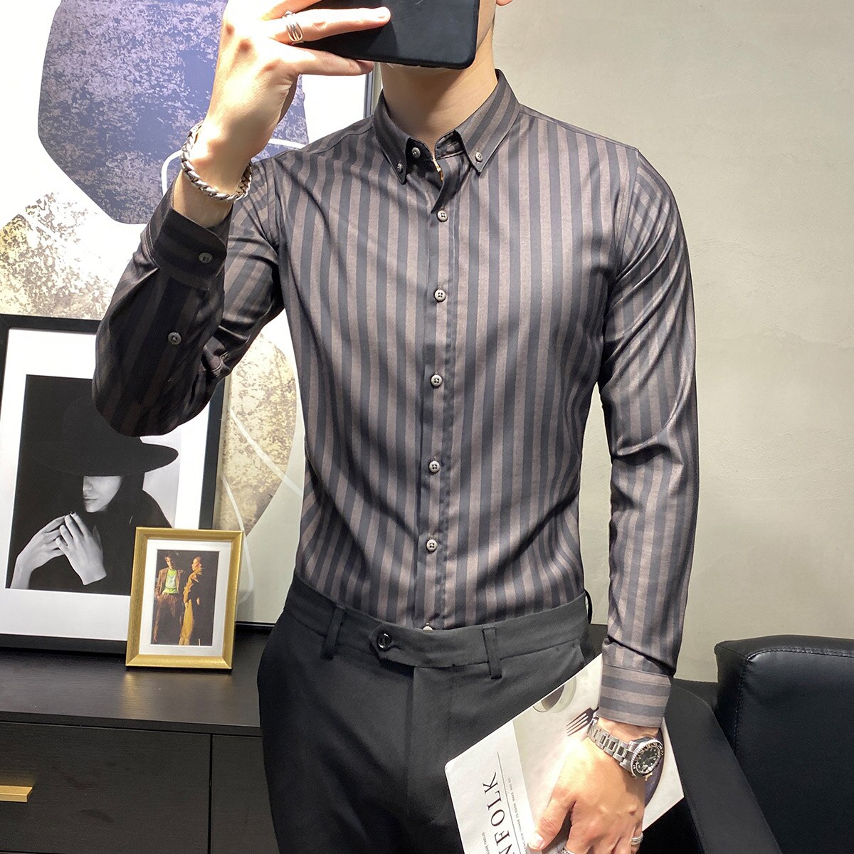 Britisk stil koreansk slim fit langærmet herrer stribede skjorter smoking til mænd tøj enkle afslappede forretningsbluser
