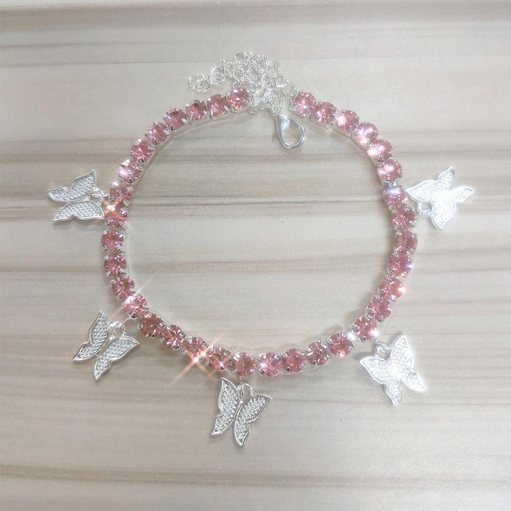 GLAMing Nette Gold Schmetterling Fußkettchen Armband für Frauen Strass Fuß Knöchel Kette Schmuck Schmetterling Anhänger: Silver Pink