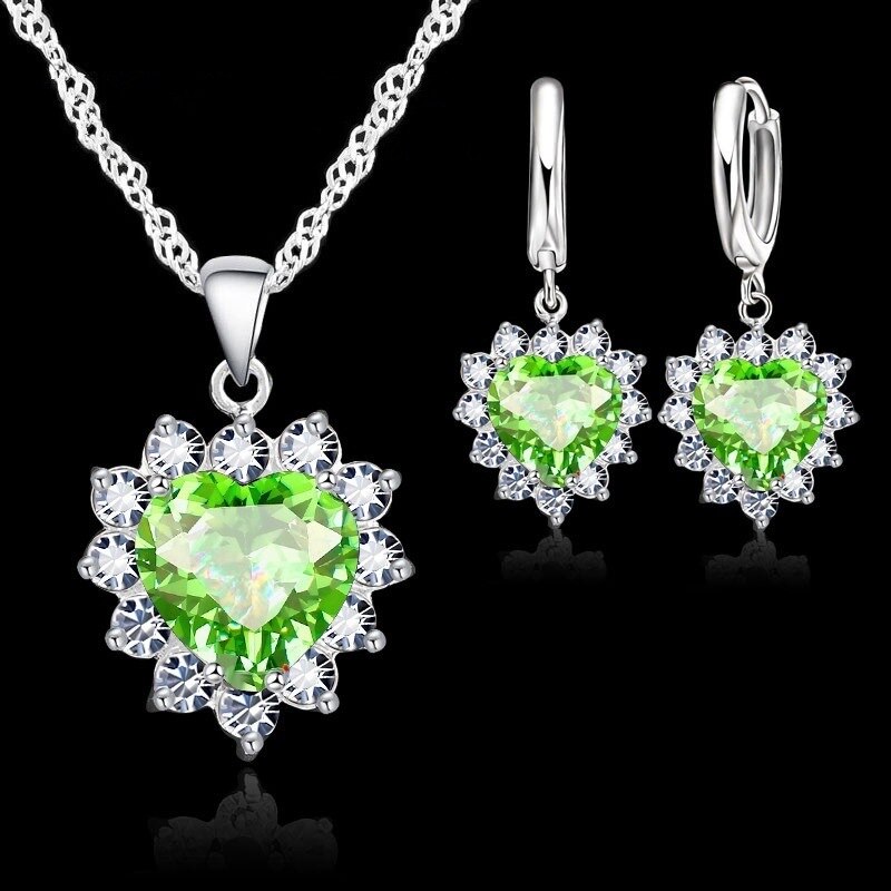 Conjunto de joyería de plata de ley 925 para mujer, colgante de corazón de piedra CZ, collar, pendientes, de cumpleaños: D