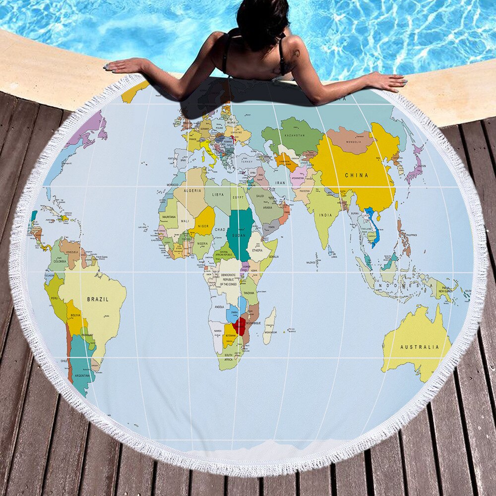 Toalla De playa redonda grande con estampado del mapa del mundo, paño De felpa grueso De microfibra con borlas, toallas De playa grandes, servilleta De Plage