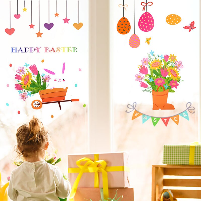 9 Sheets Easter Window Wall Stickers Removable Glass Static Sticker Decals Kids Room School Easter Party Decoration Home Decor