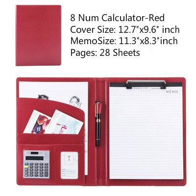 Étui de rangement A4 en cuir PU Business Padfolio, classeur Vintage Business Manager, dossier de bureau avec calculatrice: 8 Num Red B