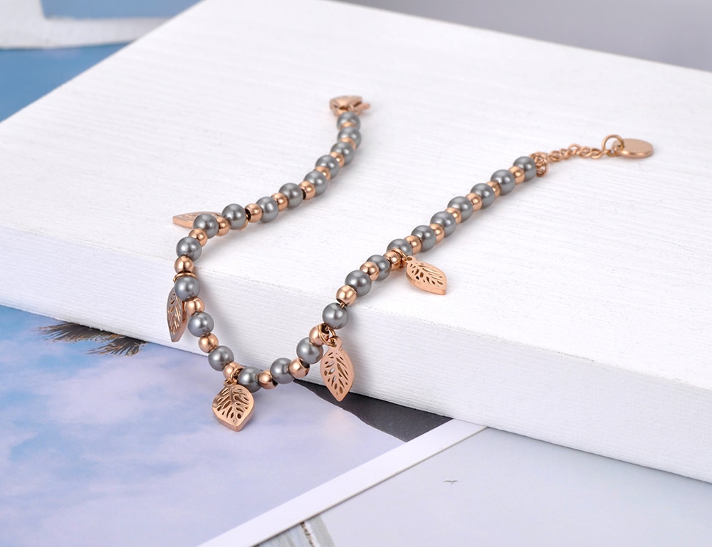 Lokaer titanium roestvrij staal bohemian strand parel kralen armbanden voor vrouwen trendy 5 stuks bladeren bedel armband sieraden  b20115