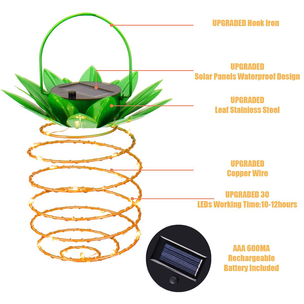 Solar pineapple light iron lantern led copper wire string lights outdoor waterproof garden decoration hanging lights