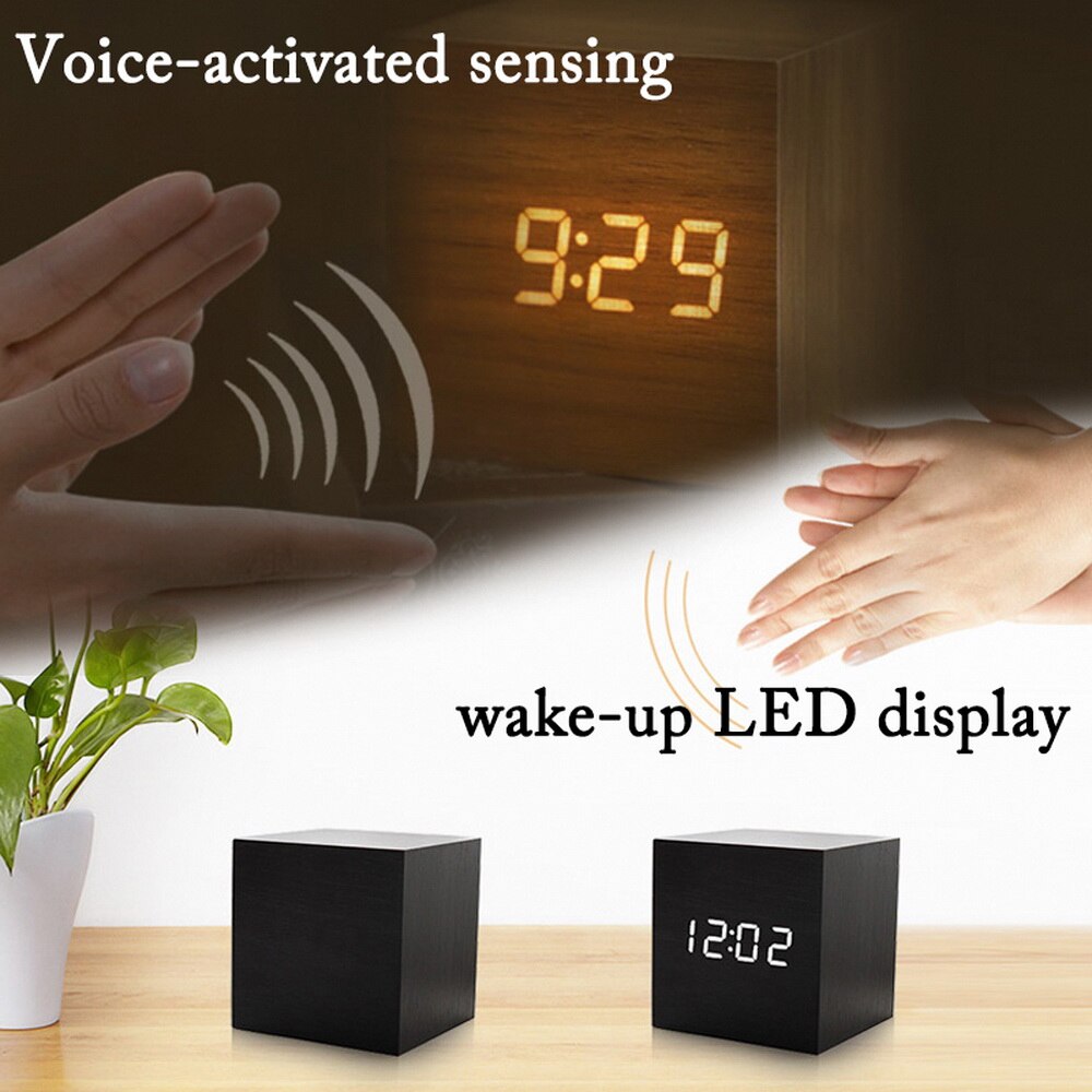 Digital Wecker Holz LED Alarm Zeit Anzeige Für Schlafzimmer Nacht Büro Kalender Temperatur LED-anzeige Holz Schreibtisch Uhr