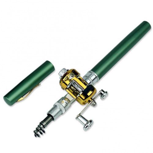 Portable Fishing Telescopic Pole Pen Shape Folded River Lake Rod with Reel Wheel: Green