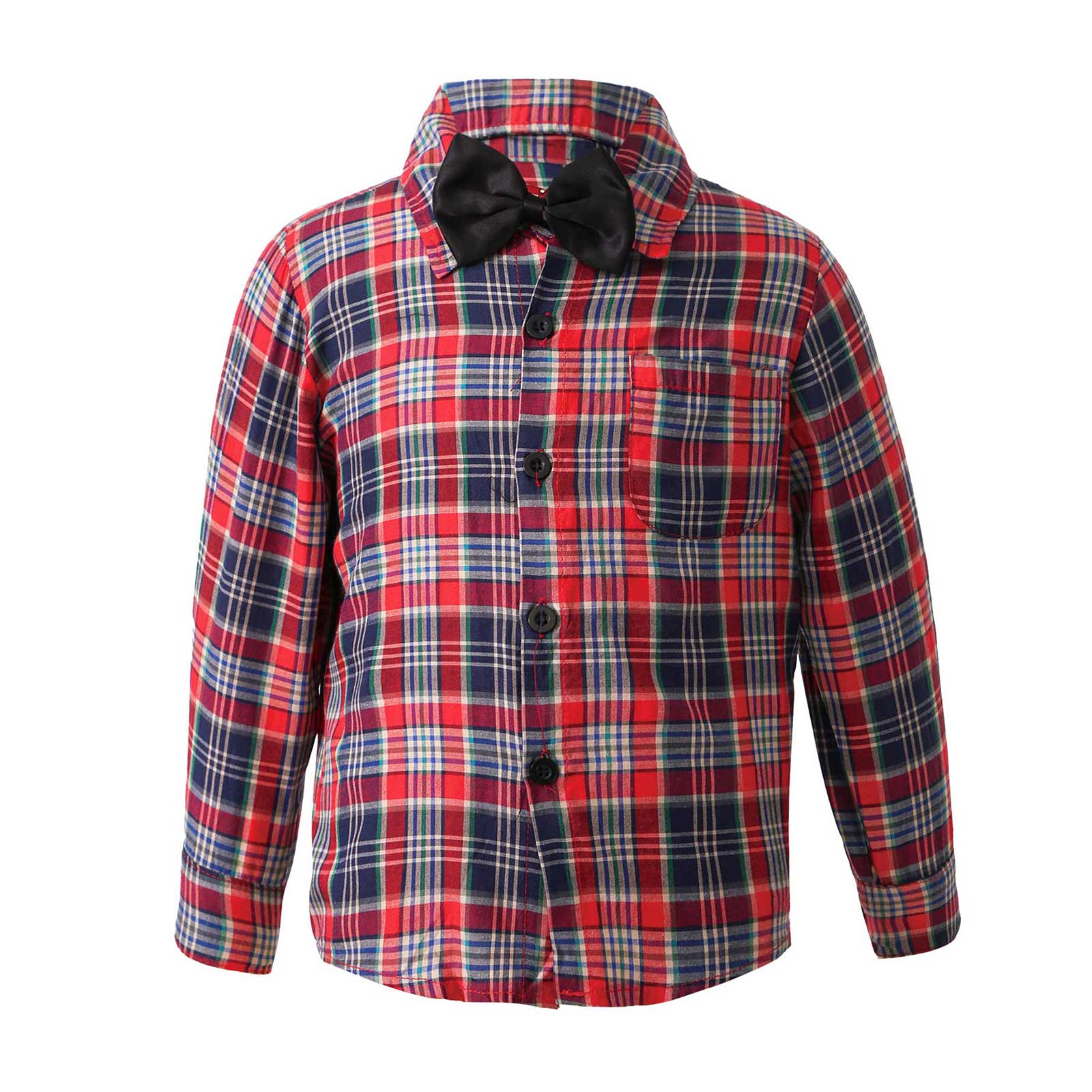 Camisas a cuadros de para niños, ropa de algodón de manga larga con lazo, camisas para bebés, primavera y otoño, de 1 a 10 años: Red Blue / 110