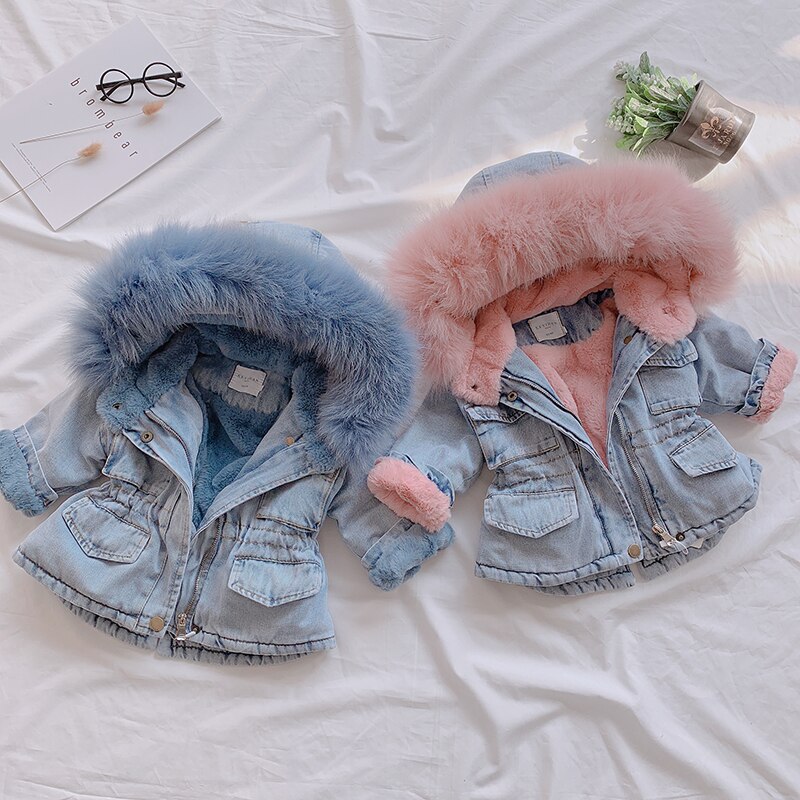 Winter Baby Mädchen Denim Jacke Plus Pelz Warme Kleinkind Mädchen Oberbekleidung Plüsch Denim jacke baumwolle 1-5 Jahre freundlicher Kleinkind Mädchen Parka