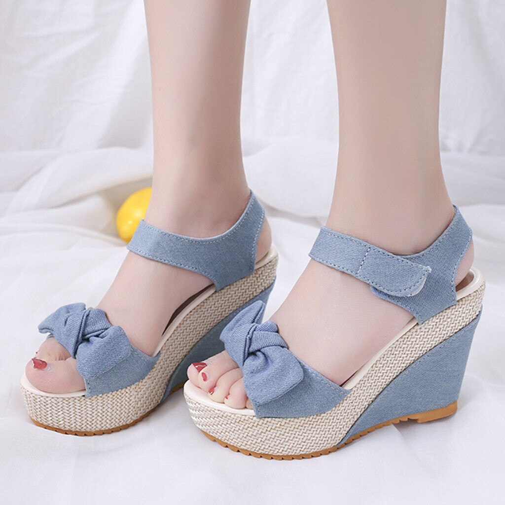 Denim sandaler kvinder sandaler kiler høje hæle peep-toe platform sko kvinde tyk bund sandaler