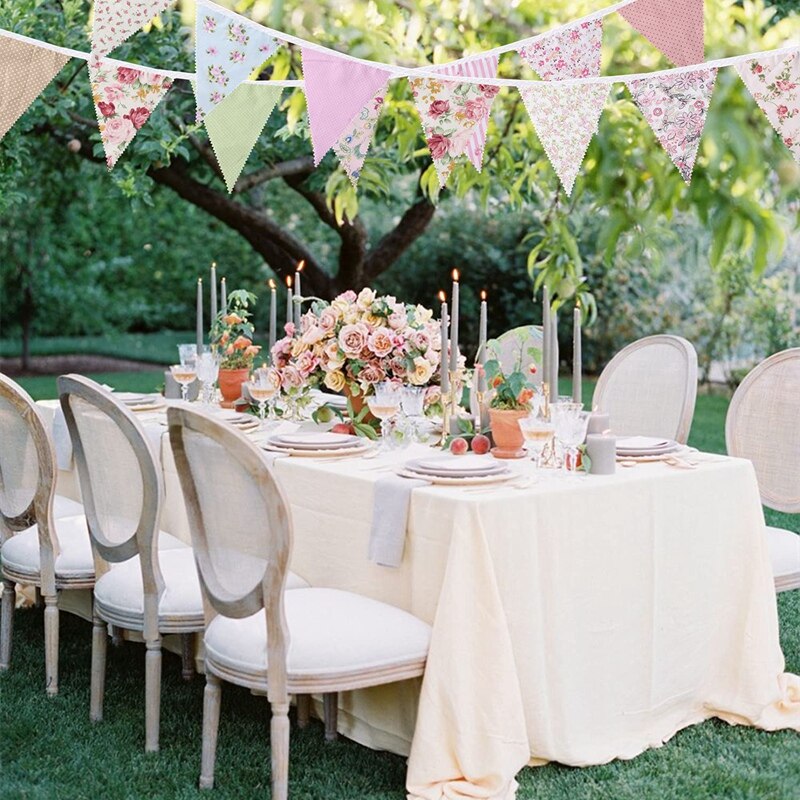 40Ft Fabric Bunting, 42Pcs Outdoor Bunting Banner,Floral Vintage Cotton Triple-cornered Flag for Garden Birthday Party