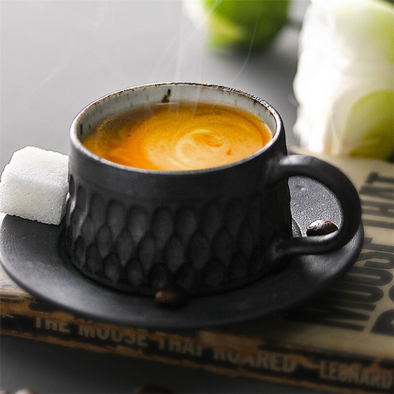 Handmade Ceramic Coarse Pottery Espresso Coffee Cup with Saucer Set Simple Office Milk Yogurt Mug Teacup Drinkware