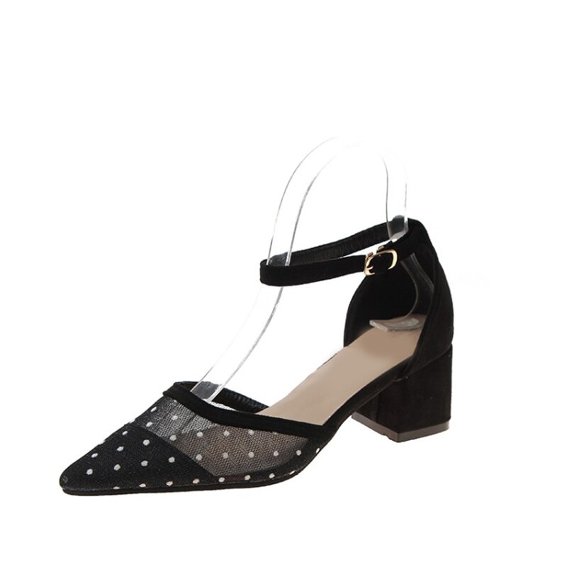 Mcckle skor dam pumps kvinnlig mesh spetsig tå polka dot skor ankel spänne rem andas högklackat casual dam skor