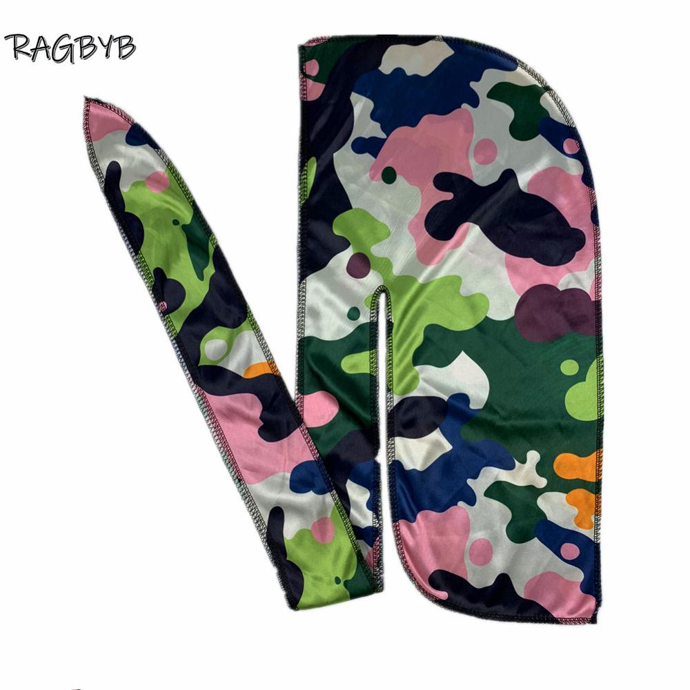 Nuevas pañuelos Durag de seda con estampado de camuflaje para hombres, Durags sedosos, gorro ondulado de cola larga, pañuelo para la cabeza, sombrero para mujer, diadema Durag