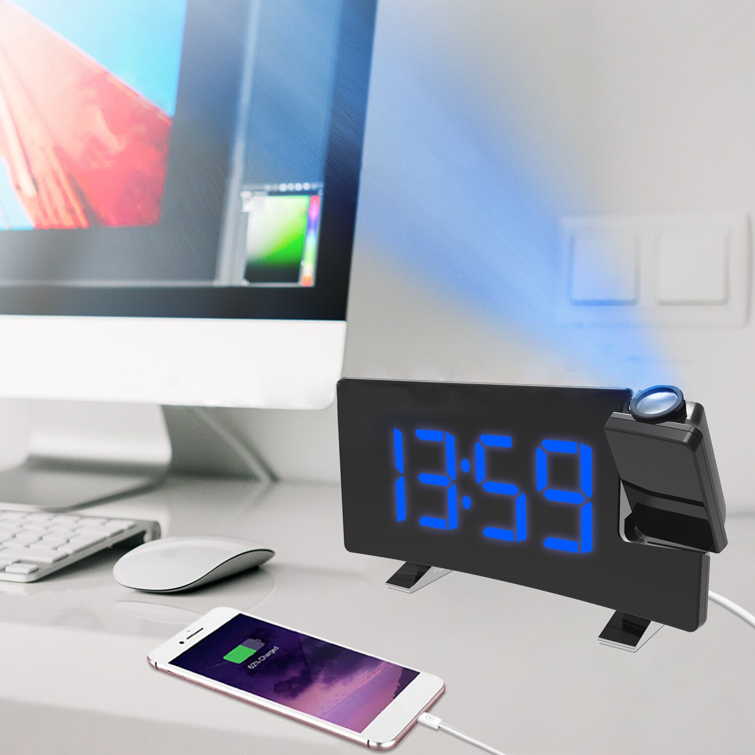 7 inch Alarm Clock Timer FM Radio Digital LED Clock Rotating Backlight Projector USB Charging Projection Backlight Home Decor: Blue