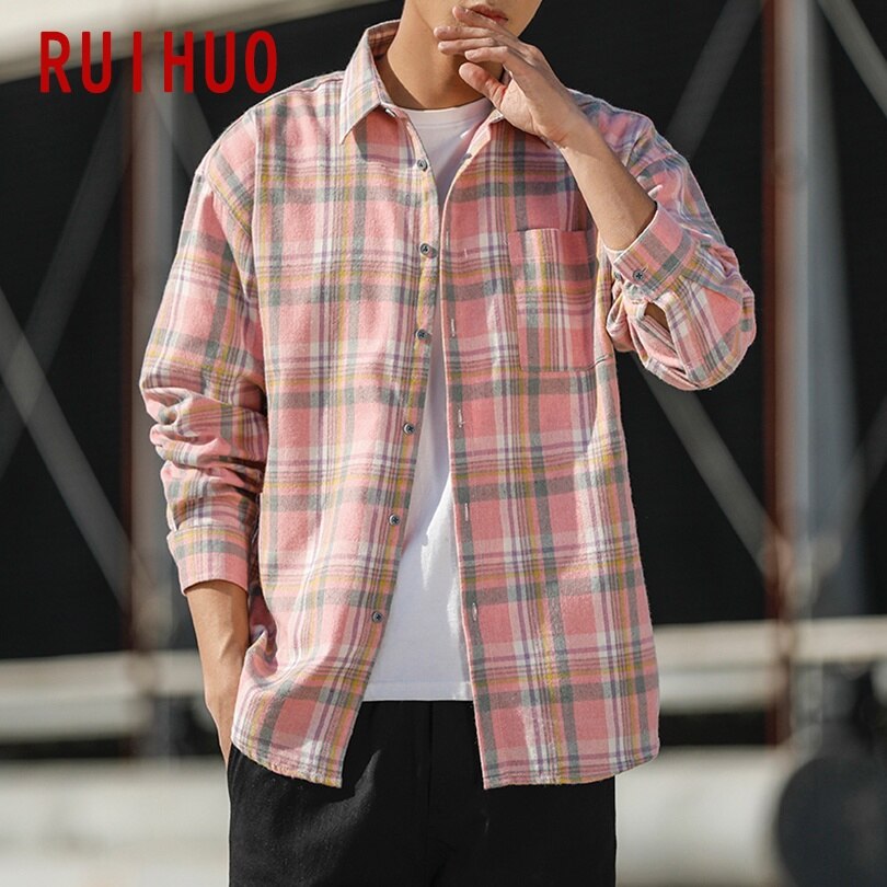 Ruihuo casual rosa rutig skjorta herr slim fit ull herr långärmade skjortor herr märke plus size m -5xl 2022 vår