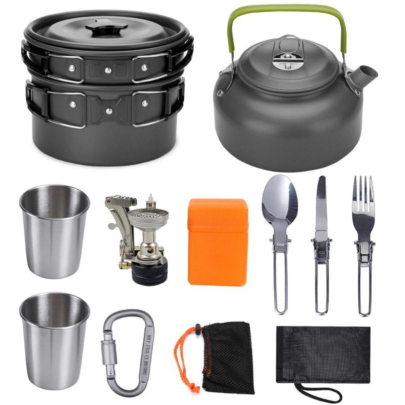 Outdoor Camping Kookgerei Set Servies Picknick Koken Pan Koekenpan Waterkoker Theepot Vork Lepel Water Cup Snijplank Picknick Gereedschap: Black