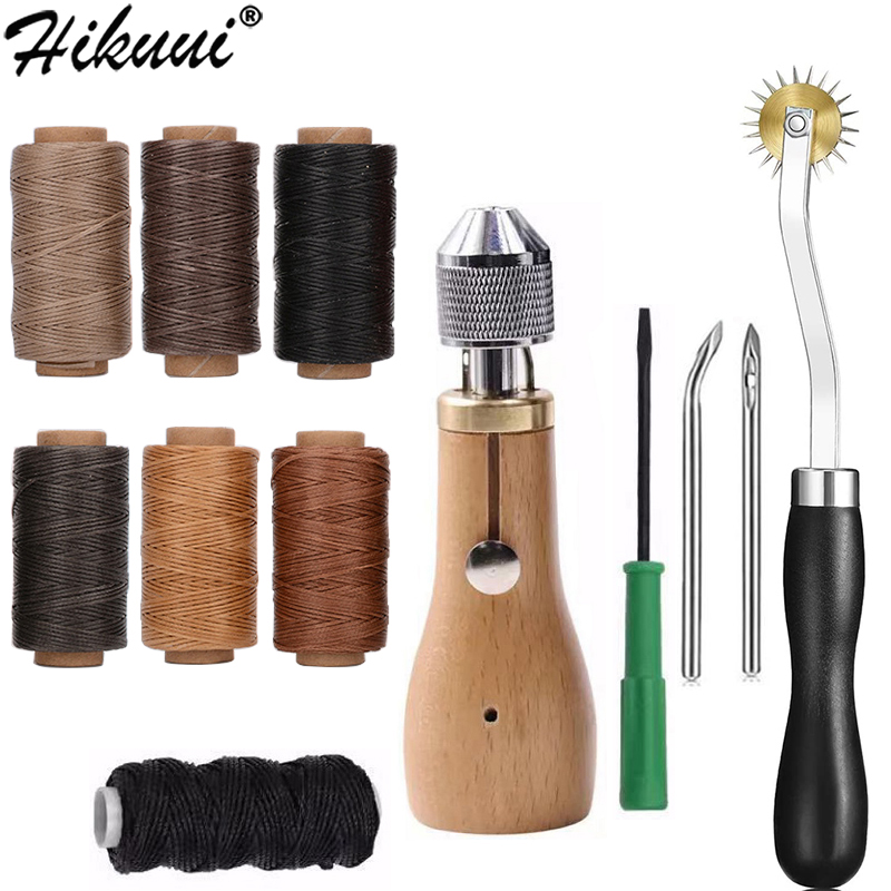 Leather Sewing Awl Set with Flat Waxed Thread Overstitch Wheel Needle Shoemaker Stitch Awl Manual Speedy Stitcher Leathercraft