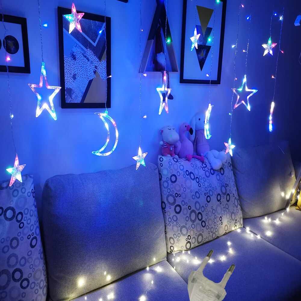Guirlande lumineuse LED pour rideau de fées, en forme d'étoile, de lune, pour noël, pour la maison, pour une fête de mariage, pour le jardin, avec piles AA: RGB EU 220v