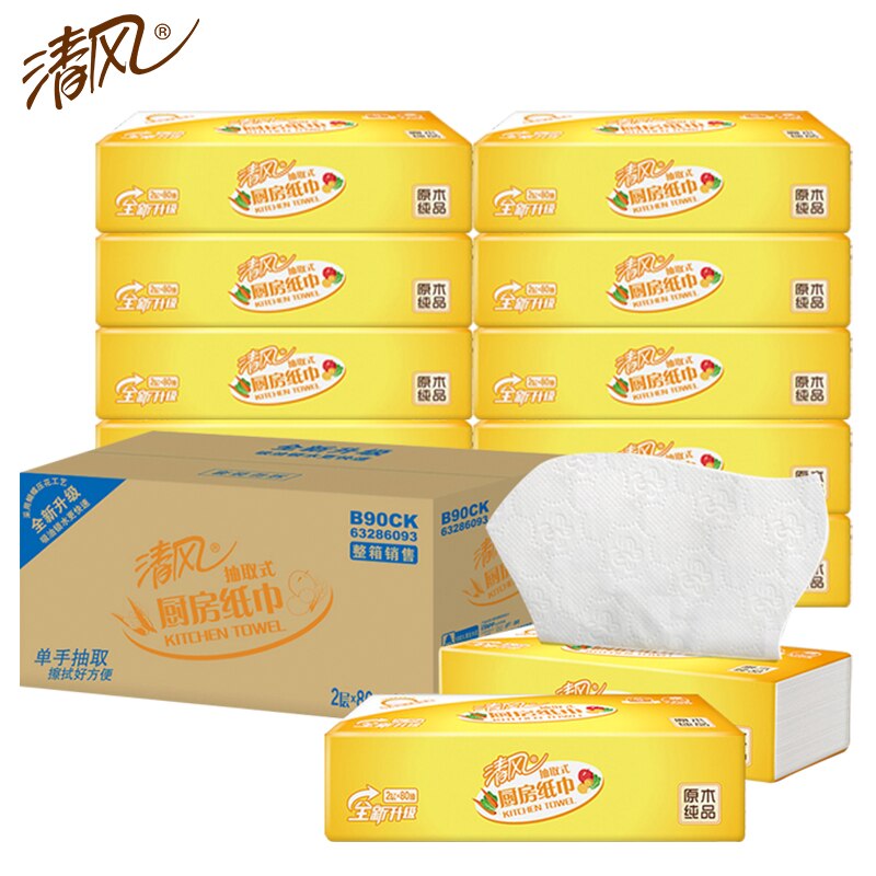 QingFeng Kitchen Towel 80 Sheets * 12 Packs Paper Towel Tissue Water And Oil Absorption