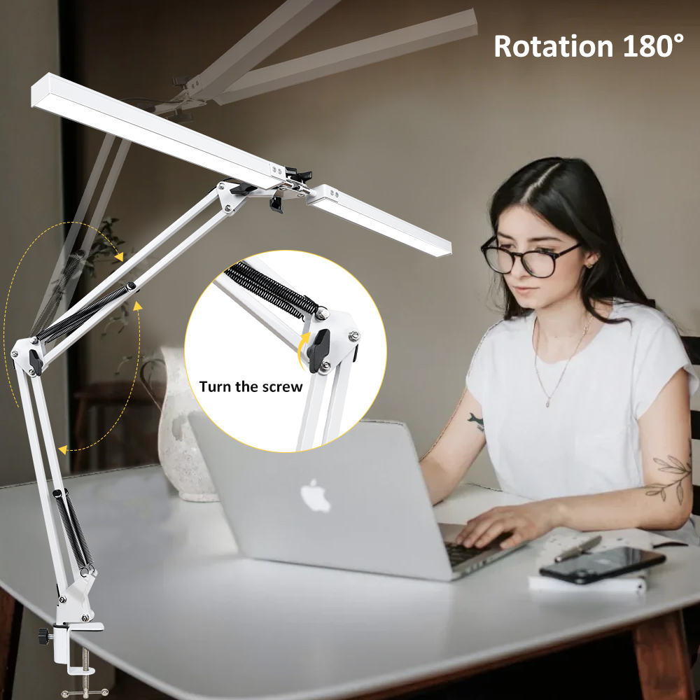 Lâmpada de mesa LED 2 em 1 24W mais brilhante com lâmpada de mesa com braçadeira braço oscilante flexível 3 modos de cor Stepless regulável cabeça dupla