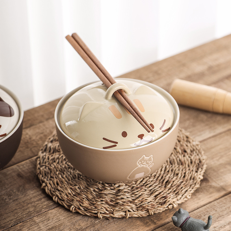 Bol à soupe Ramen avec couvercle en céramique, chat japonais mignon, bols à nouilles, vaisselle de cuisine, plats de service, bol à fruits amusant pour chaton