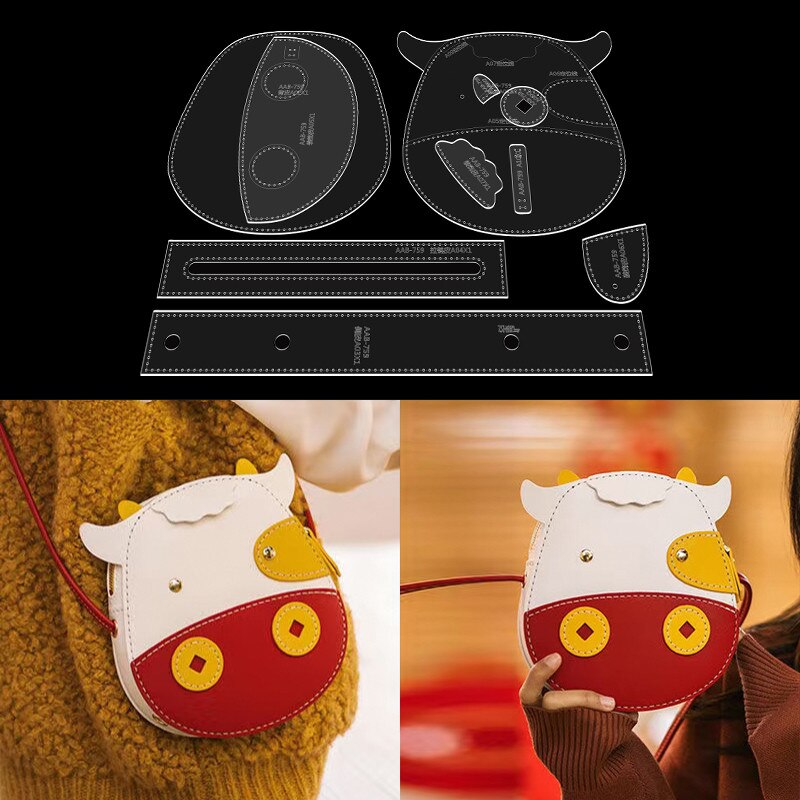1 Juego de plantillas de cuero acrílico para manualidades, bolsa de mensajero con dibujos animados de un hombro, herramientas de patrón de costura de artesanía de cuero para el hogar
