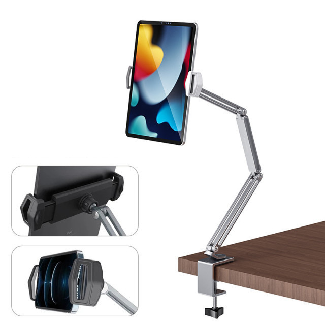 Desktop Adjustable Long Arm Foldable Tablet Stand Aluminum Cell Phone Holder Multi-angle Rotation 4-13'' Bed Table iPad Stand: Silver
