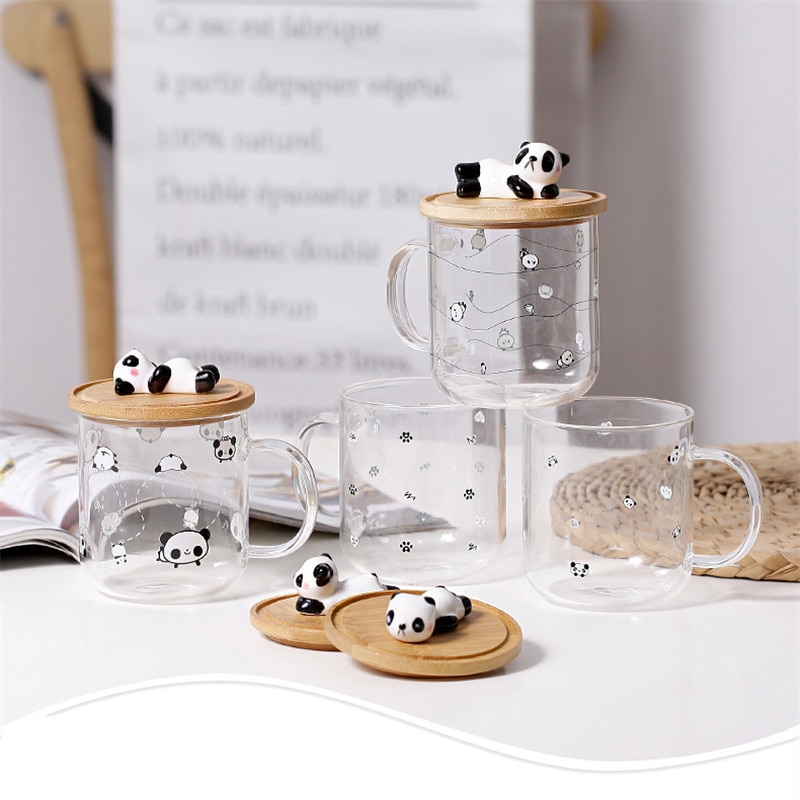 Vaso transparente de Panda travieso con mango de tapa 3D vidrio de dibujos animados resistente a altas temperaturas borosilicato hogar taza de jugo de té