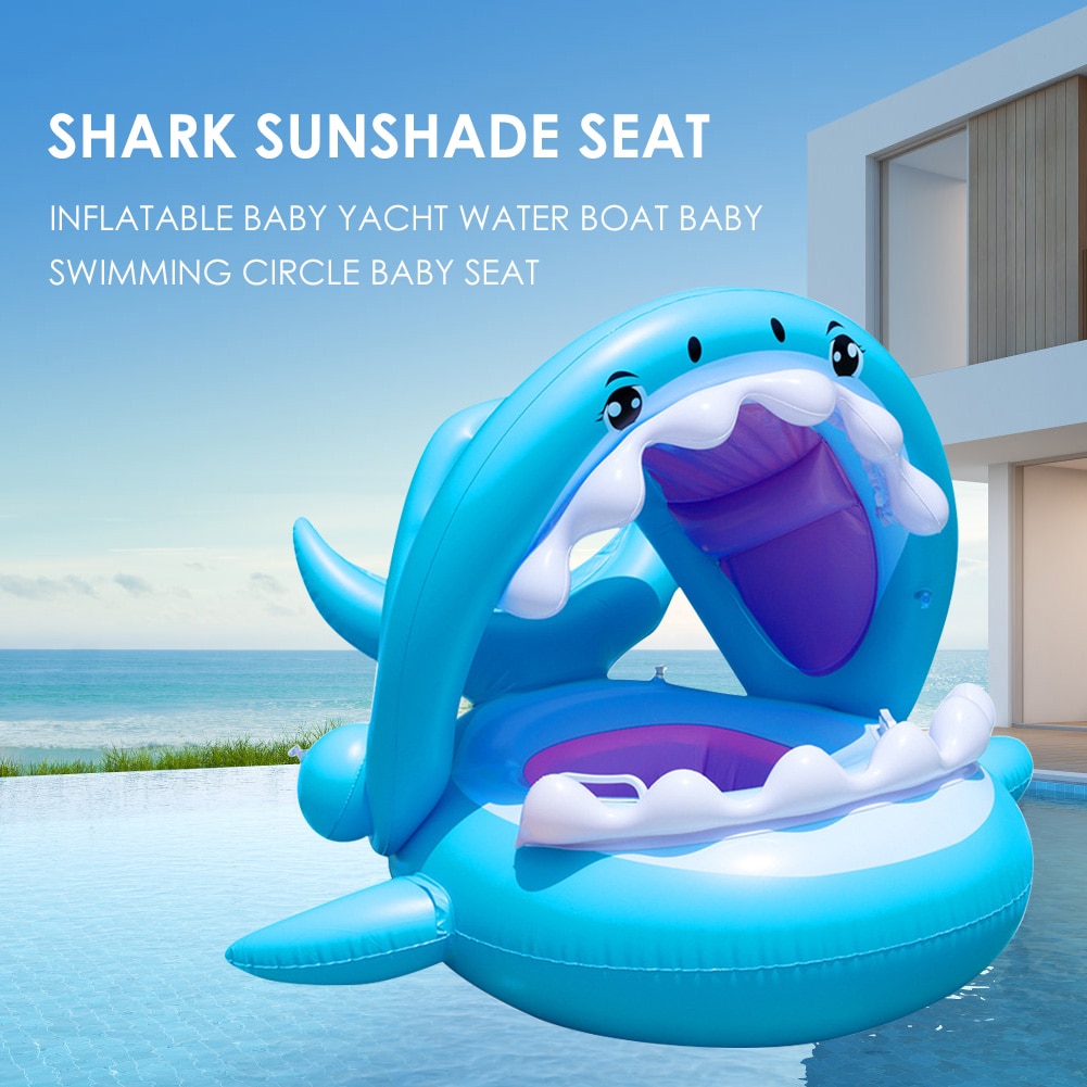 Kids Shark Seat Speelgoed Met Zonnescherm Zwemmen Ring Zwembad Drijvende Rij Water Bed Kid Pool Party Inflat Vlot Speelgoed