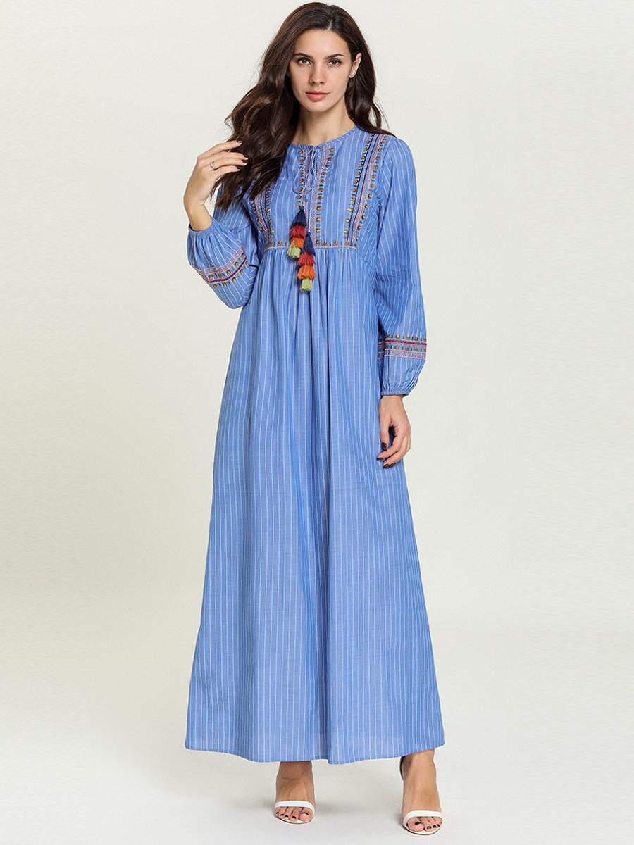 Abaya Turkish Kaftan Gown Simple Autumn Blue Striped Embroidered Casual Arabian Musulmane Femme Dress