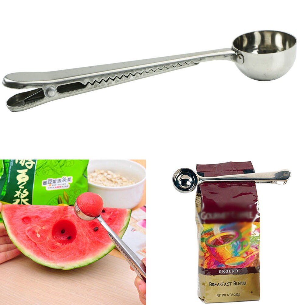 1pc cucharas medidoras multifunción útiles de acero inoxidable para té molido, café y azúcar, cuchara para 1 taza de café molido con clip para sellar bolsas.
