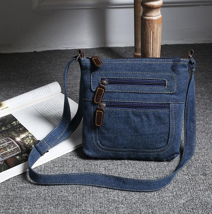 Front dobbelt lynlås skuldertaske bomuld denim cross body taske dame jeans messenger taske kvinde lille taske