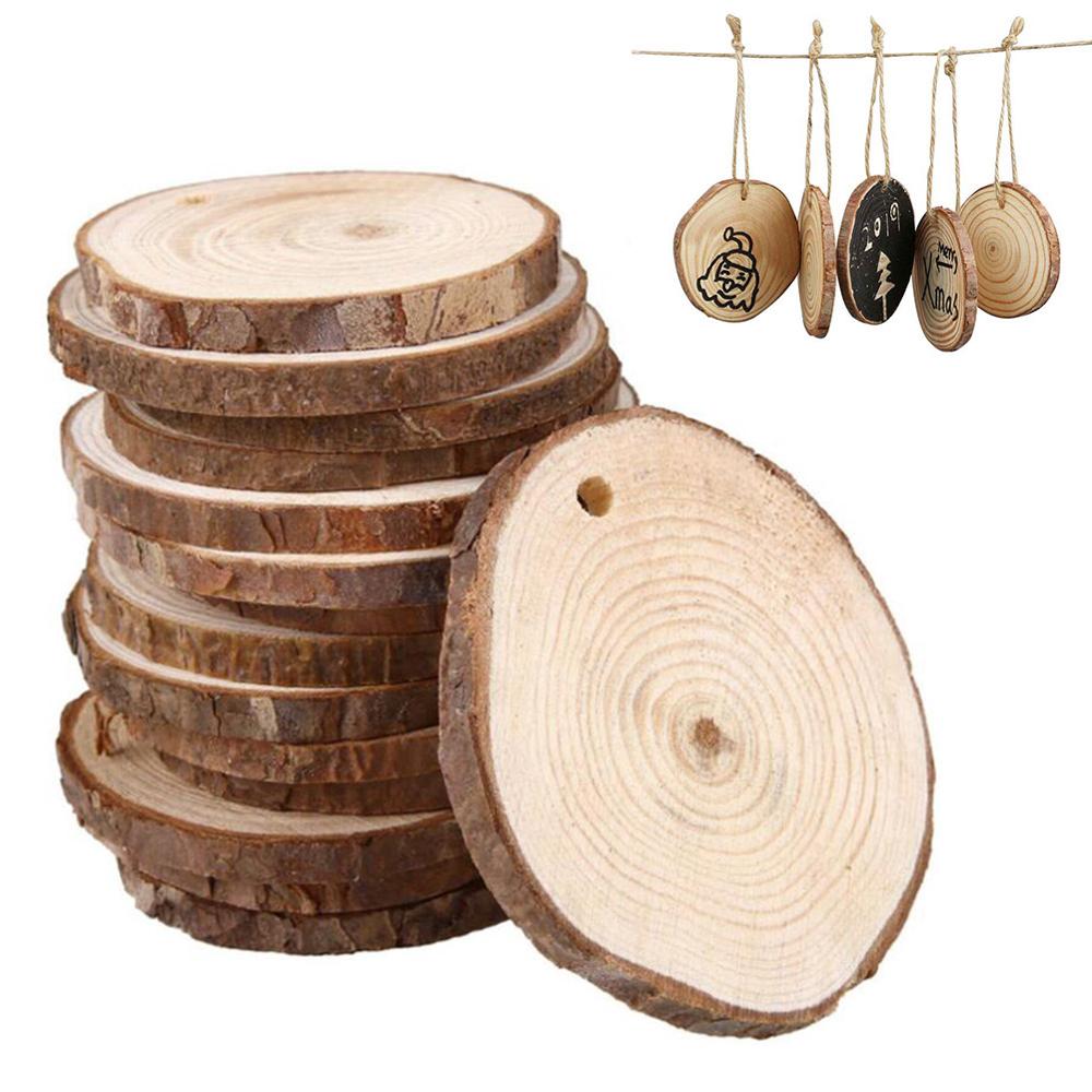 Perforadas decorativas naturales Rodajas de madera círculos con discos de troncos de corteza de árbol para decoración de pintura de de boda artesanal DIY