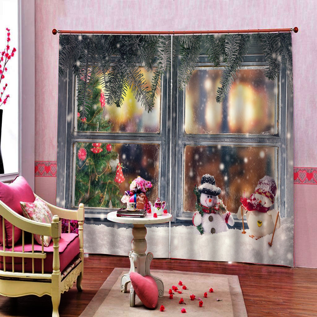 100X140Cm Kerst Gordijnen Armatuur Waterdicht Xmas Snowman 2 Panelen Gordijnen