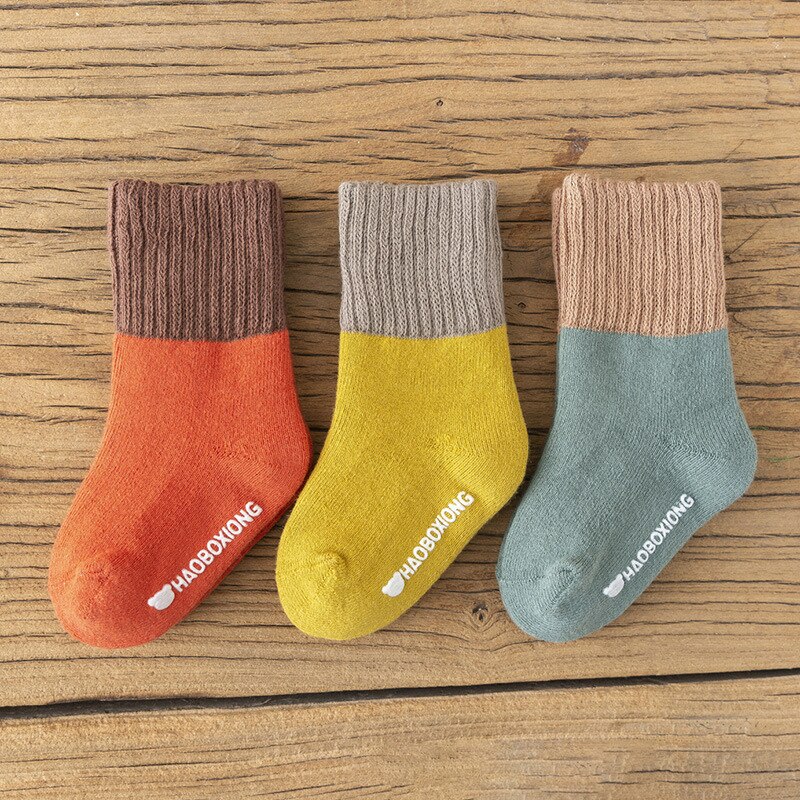 Chaussettes pour bébés, épaisses et chaudes, en coton éponge, antidérapantes, pour garçons et filles, ensemble d'accessoires pour nouveaux-nés, collection automne et hiver, 3 paires/lot