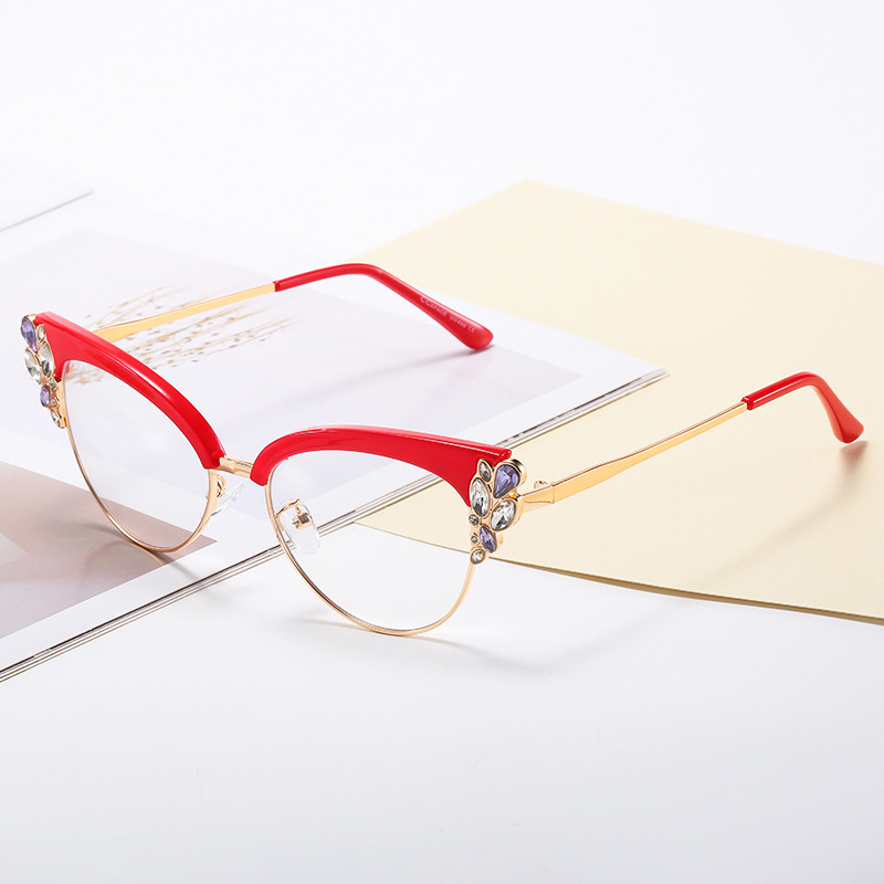 45120 Monturas de gafas ópticas de lujo con forma de ojo de gato para mujer, gafas con diamantes de imitación brillantes: Verde