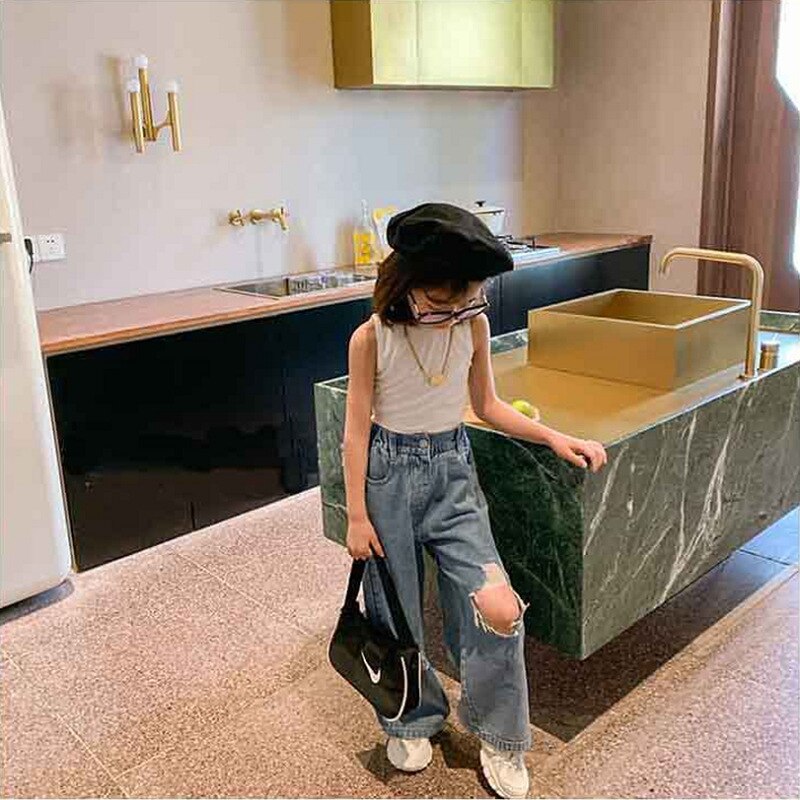 Jean Cool troué pour fille, pantalon en Denim pour enfants, printemps été automne