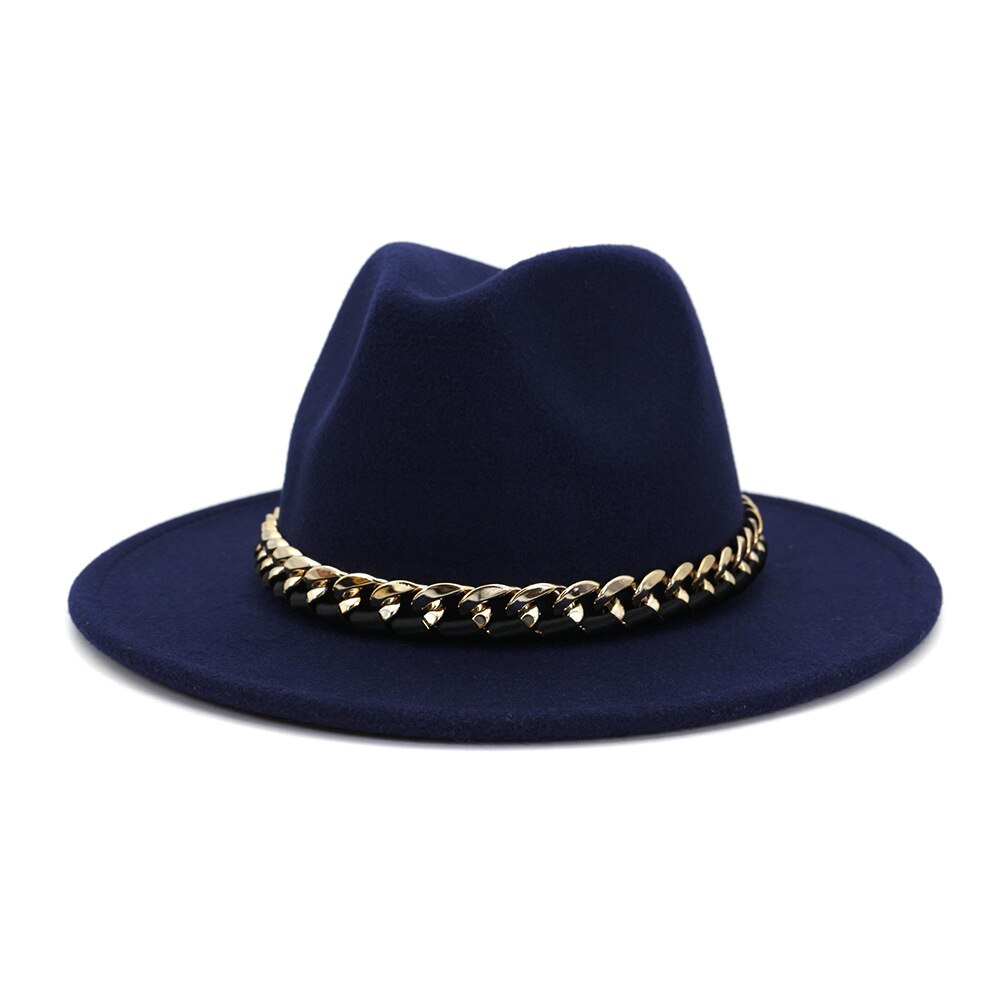 Europæisk amerikansk imiteret uldne bowlerhatte til kvinder mænd vinter efterår vintage bredskygget top jazzhat fedora kasketter med kæde: 9
