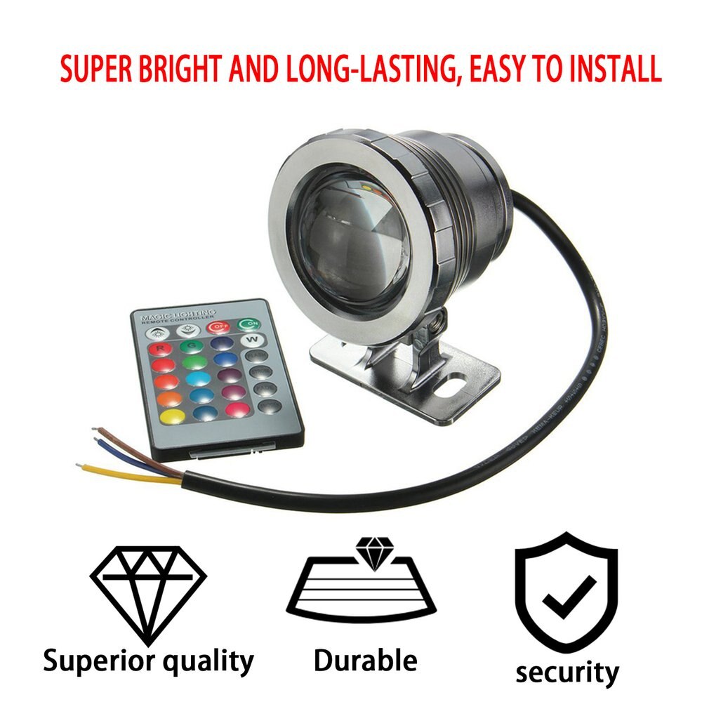 Ip68 10w led-verlichting, tuinfontein, zwembad, vijverspot, waterdichte onderwaterlamp met afstandsbediening, zwart/zilver
