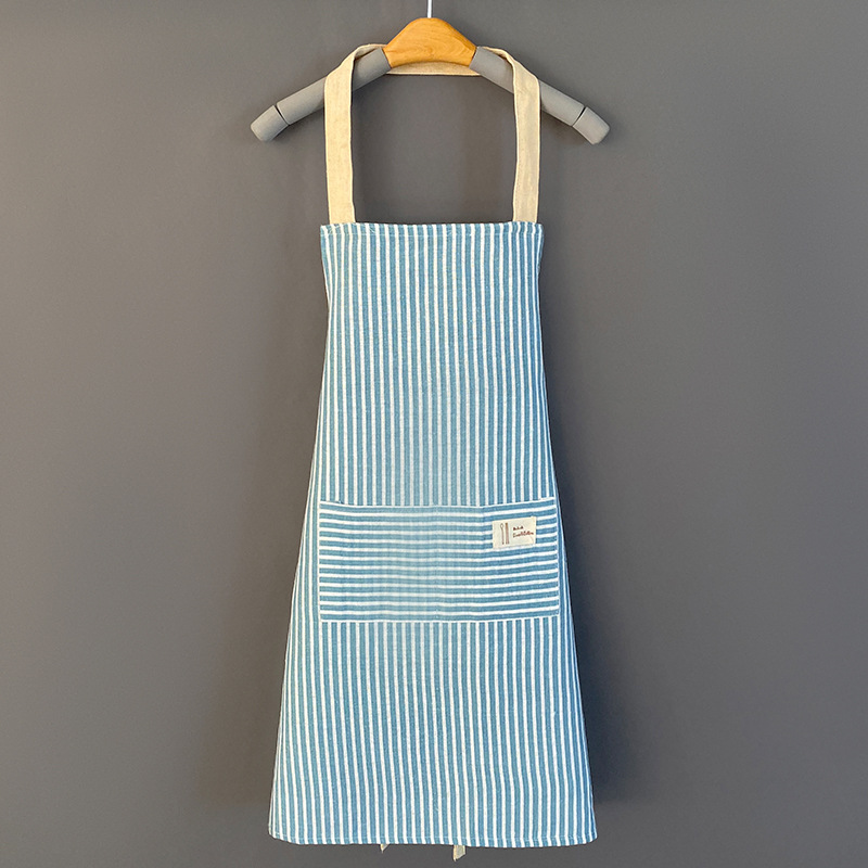 Hemp Apron Striped Cotton Household Japanese Aprons For Cleaning Cooking Baking With Large Pocket Cute Women's Apron Overalls: XS / WHITE