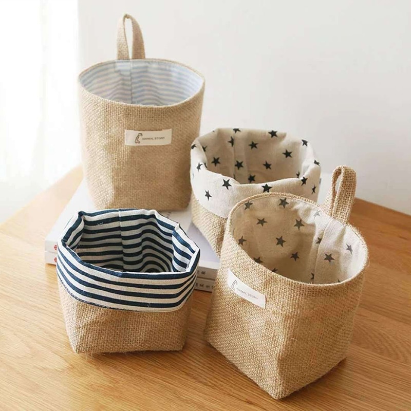 Hanging Storage Basket Jute Cotton Linen Pocket Storage Box Small Sack Sundries Organizer Cosmetic Organizer Home Decor