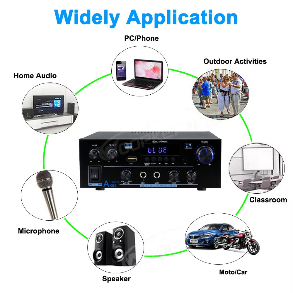 Woopker ak35/ak45/ak45 pro/ak55 amplificador digital bluetooth amplificador de som 2 canais hifi fm usb amplificador de áudio para casa carro karaokê