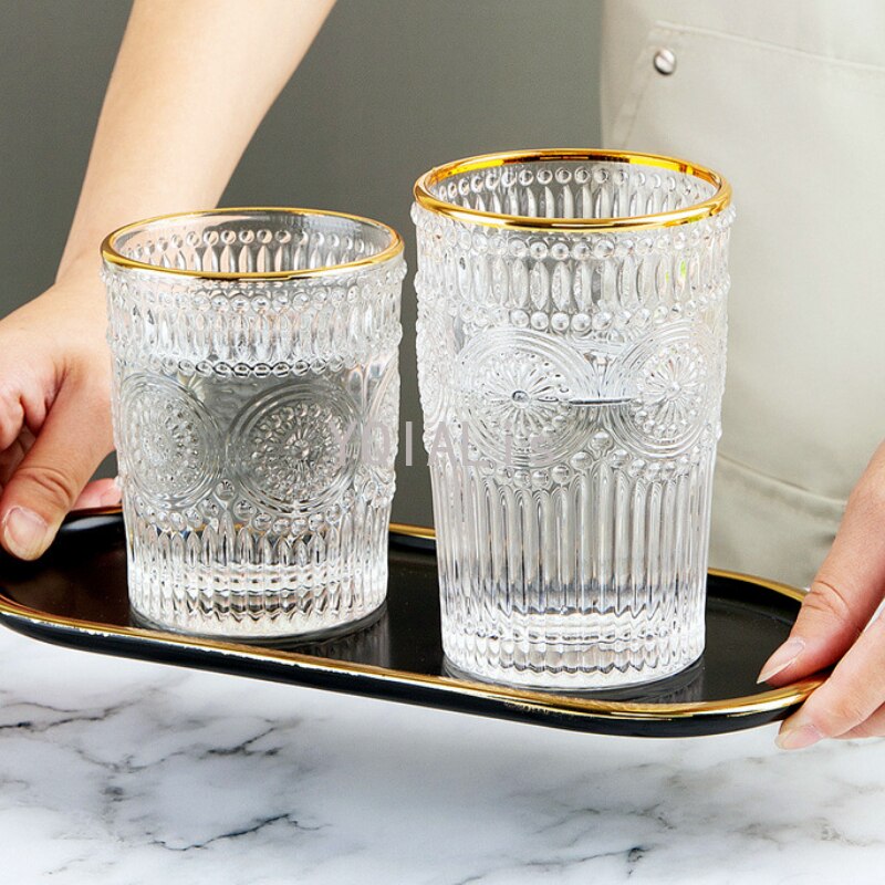 Verre à vin Vintage gaufré Ins nordique 260-380ml, whisky, Vodka, tasse de soleil, sans tige, bouche dorée, glace, Bar à café, verres