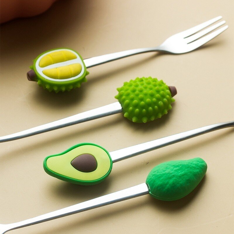 Fruit Shape Fruit Fork Spoon Silicone + Stainless Steel Fruit Fork Peach Durian Avocado Dessert Spoon