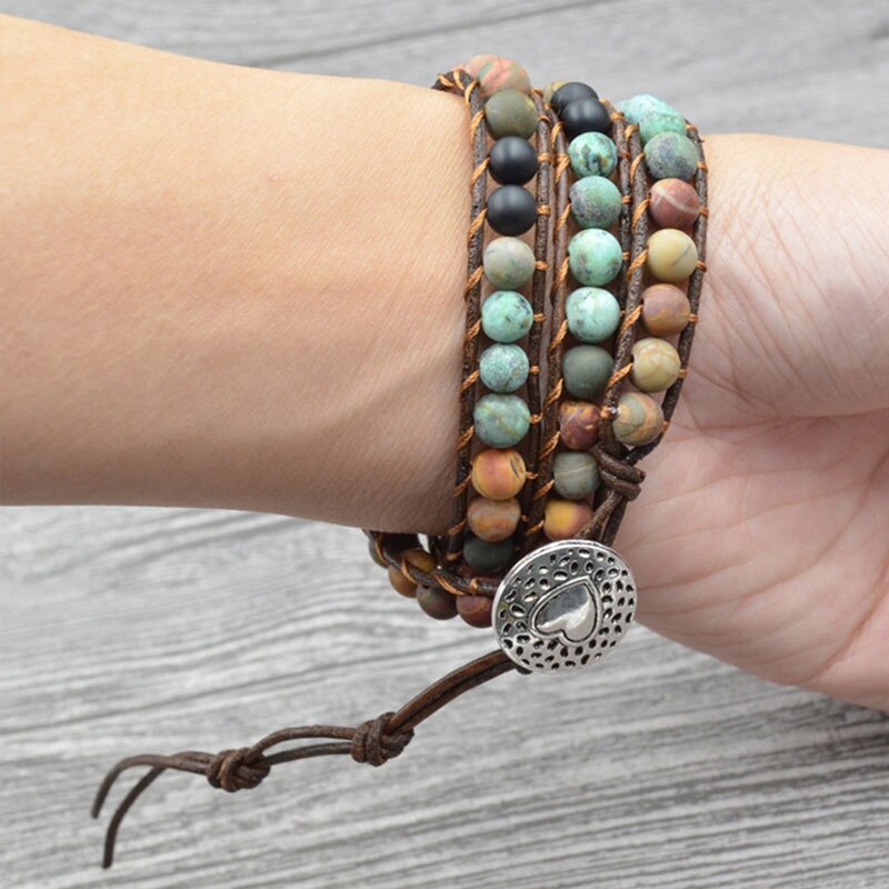 Schmuck 6MM Matte Stein Wrap Leder Armbänder Vintage 3 Strands Multilayer Woven