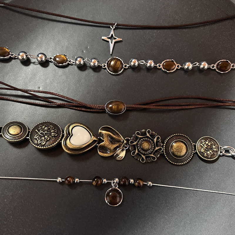 Vintage lederen bruine stenen hanger ketting stapelen choker temperament sleutelbeen ketting voor vrouwen meisje herfst winter ketting