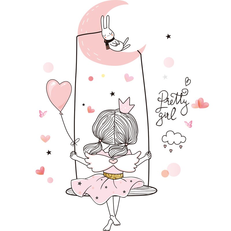 [SHIJUEHEZI] Cartoon Girl Moon Wall Stickers Vinyl... – Vicedeal