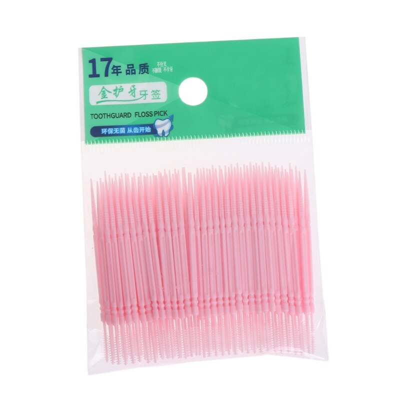 100Pcs/Lot Soft Plastic Double-headed Brush Stick Floss Pick Toothpick Oral Care: Pink